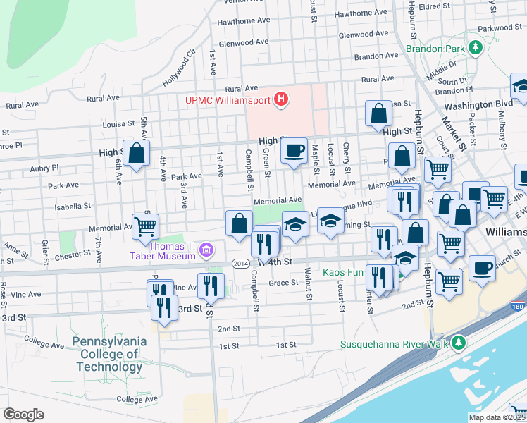 map of restaurants, bars, coffee shops, grocery stores, and more near 763 Memorial Avenue in Williamsport
