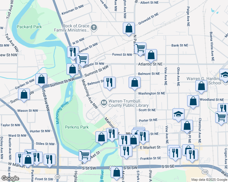 map of restaurants, bars, coffee shops, grocery stores, and more near 254 Washington Street Northwest in Niles