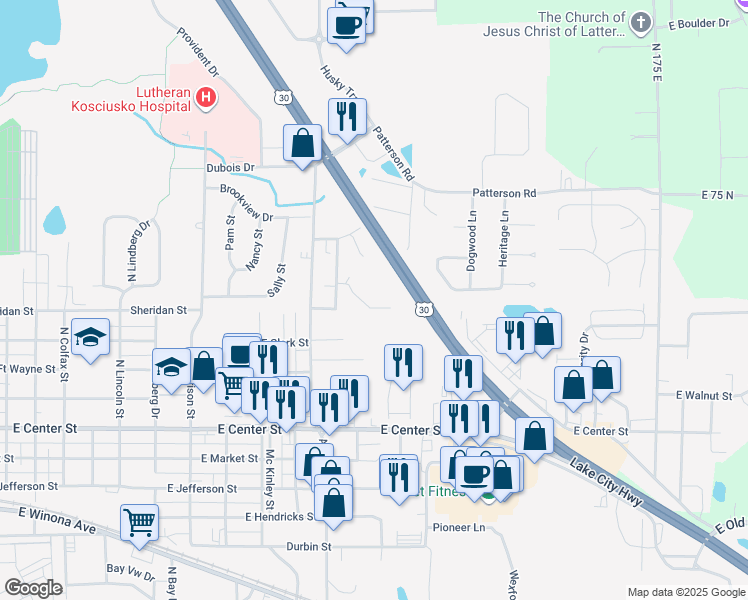map of restaurants, bars, coffee shops, grocery stores, and more near 502 Chinworth Court in Warsaw