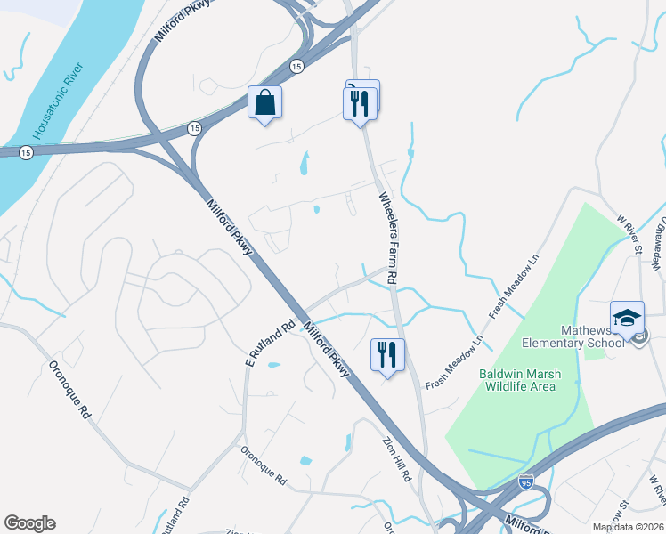 map of restaurants, bars, coffee shops, grocery stores, and more near 55 East Rutland Road in Milford