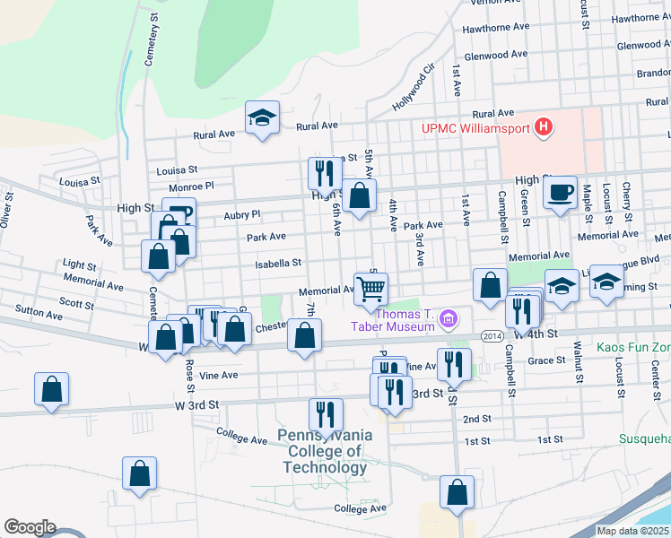 map of restaurants, bars, coffee shops, grocery stores, and more near 628 6th Avenue in Williamsport
