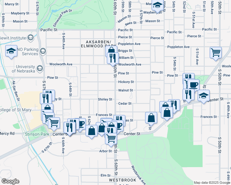 map of restaurants, bars, coffee shops, grocery stores, and more near 1807 South 60th Street in Omaha