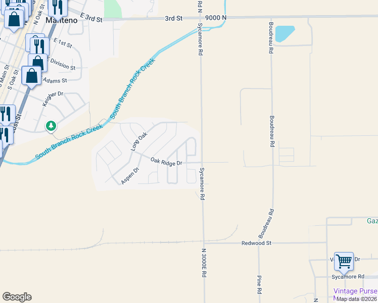 map of restaurants, bars, coffee shops, grocery stores, and more near 852 Garden Drive in Manteno