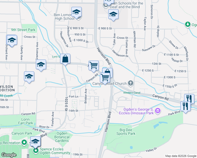 map of restaurants, bars, coffee shops, grocery stores, and more near 1167 Canyon Road in South Weber