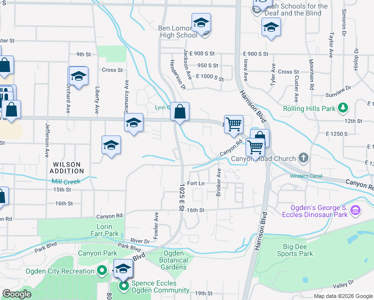 map of restaurants, bars, coffee shops, grocery stores, and more near 1033 1280 South in Ogden