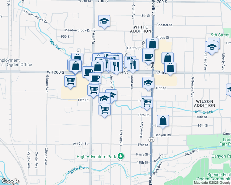 map of restaurants, bars, coffee shops, grocery stores, and more near 217 13th Street in Ogden