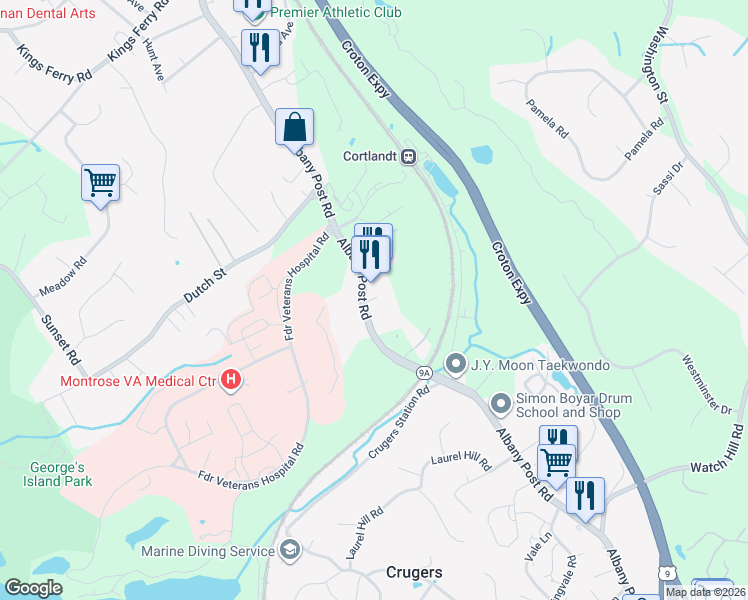 map of restaurants, bars, coffee shops, grocery stores, and more near 2083 Albany Post Road in Montrose