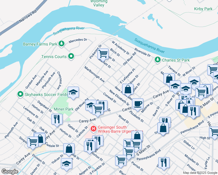 map of restaurants, bars, coffee shops, grocery stores, and more near 217 New Elizabeth Street in Wilkes-Barre