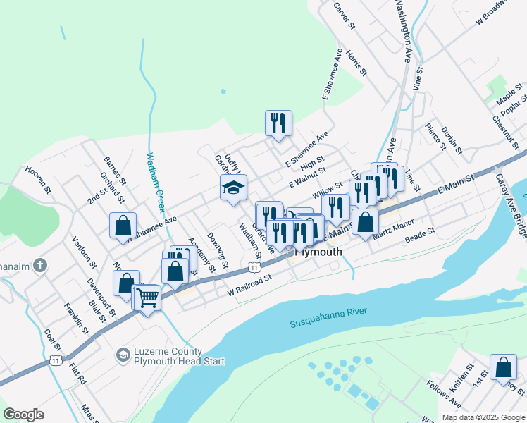 map of restaurants, bars, coffee shops, grocery stores, and more near 16 West Walnut Street in Plymouth