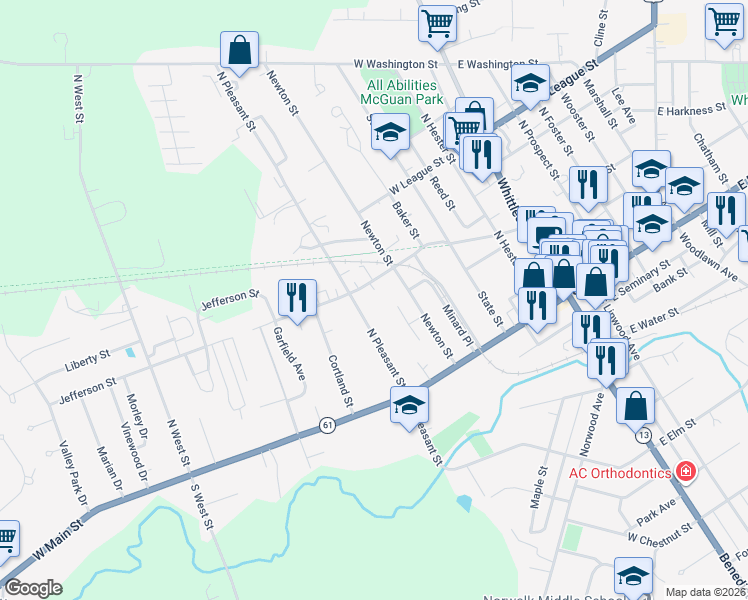map of restaurants, bars, coffee shops, grocery stores, and more near 52 North Pleasant Street in Norwalk