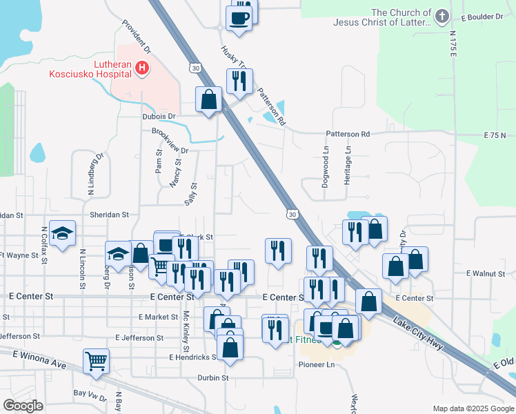 map of restaurants, bars, coffee shops, grocery stores, and more near 502 Chinworth Court in Warsaw