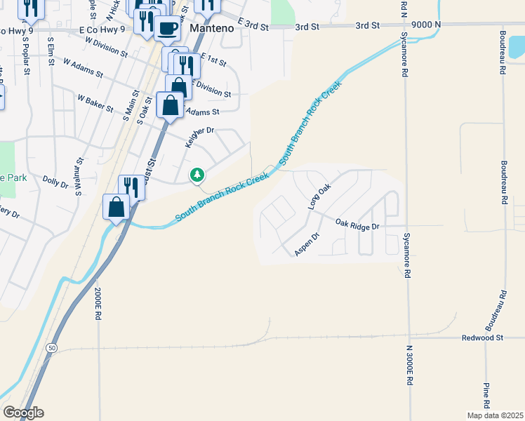 map of restaurants, bars, coffee shops, grocery stores, and more near 1103 Redbud Road in Manteno