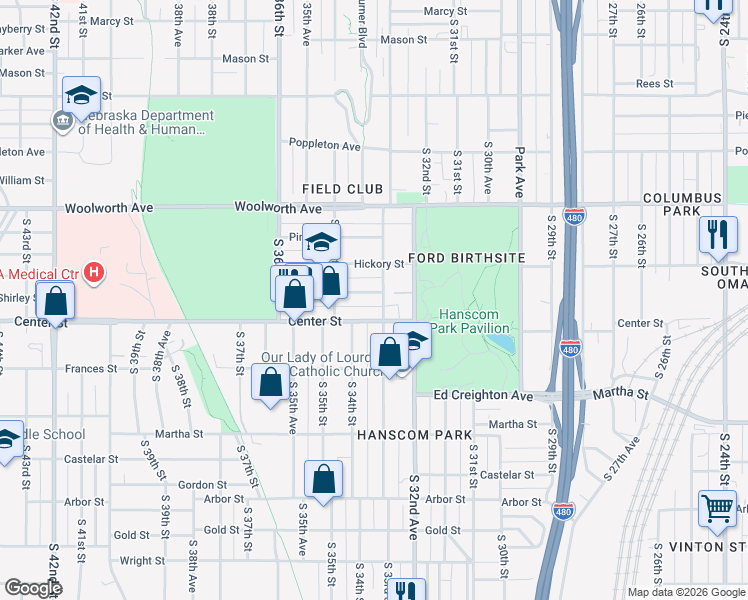 map of restaurants, bars, coffee shops, grocery stores, and more near 3316 Walnut Street in Omaha