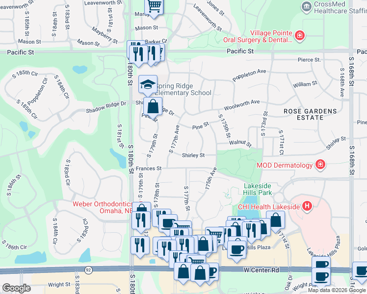 map of restaurants, bars, coffee shops, grocery stores, and more near 1721 South 177th Avenue in Omaha