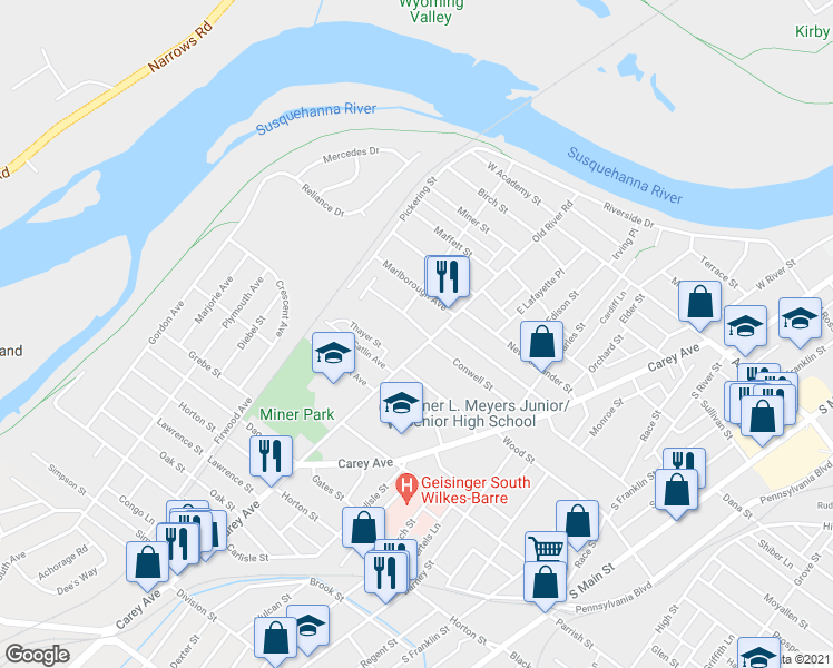 map of restaurants, bars, coffee shops, grocery stores, and more near 42 Melrose Avenue in Wilkes-Barre