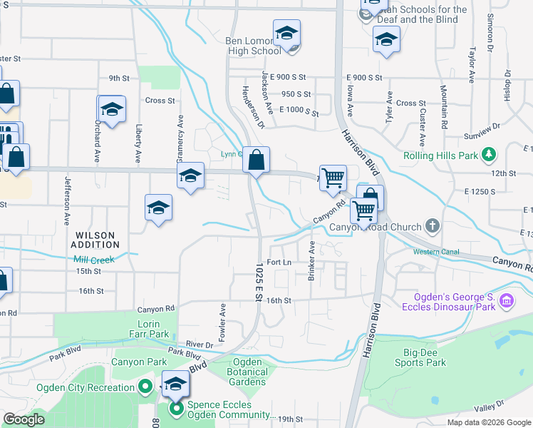 map of restaurants, bars, coffee shops, grocery stores, and more near 1033 1280 South in Ogden