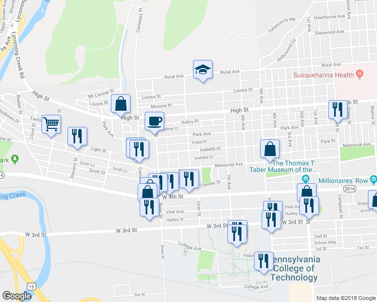 map of restaurants, bars, coffee shops, grocery stores, and more near 1200 Isabella Street in Williamsport