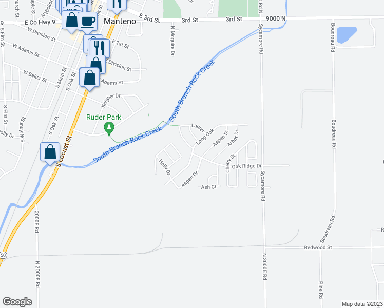 map of restaurants, bars, coffee shops, grocery stores, and more near Long Oak in Manteno