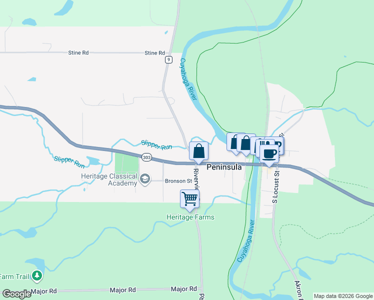 map of restaurants, bars, coffee shops, grocery stores, and more near 6238 Riverview Road in Peninsula