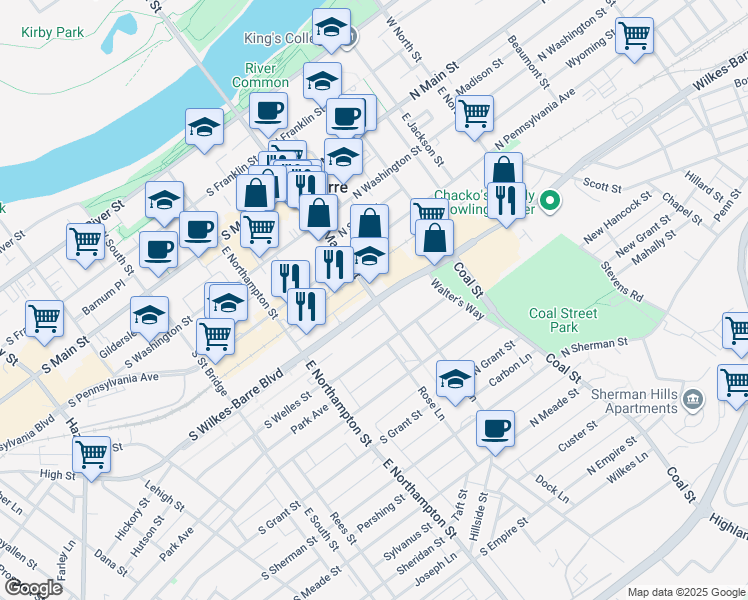map of restaurants, bars, coffee shops, grocery stores, and more near 1 South Wilkes-Barre Boulevard in Wilkes-Barre