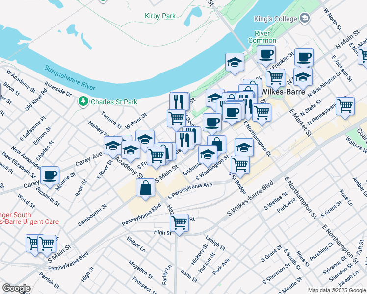map of restaurants, bars, coffee shops, grocery stores, and more near Barnum Place in Wilkes-Barre