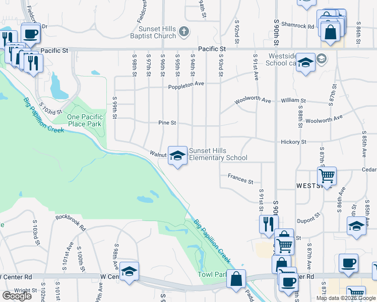 map of restaurants, bars, coffee shops, grocery stores, and more near 1714 South 94th Street in Omaha