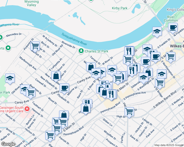map of restaurants, bars, coffee shops, grocery stores, and more near West River Street in Wilkes-Barre