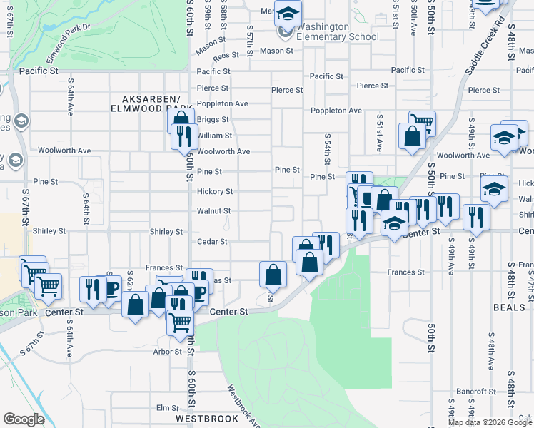 map of restaurants, bars, coffee shops, grocery stores, and more near 1802 South 56th Street in Omaha