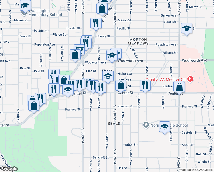 map of restaurants, bars, coffee shops, grocery stores, and more near 1720 South 48th Street in Omaha
