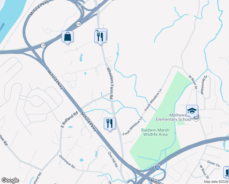 map of restaurants, bars, coffee shops, grocery stores, and more near 324 Wheelers Farm Road in Milford