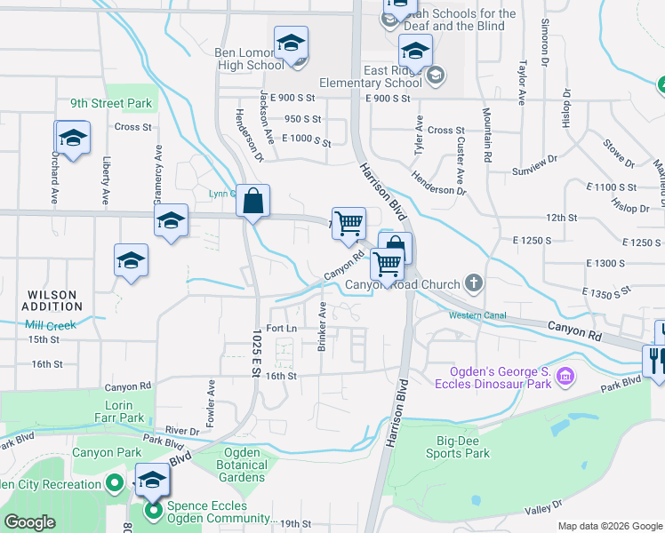 map of restaurants, bars, coffee shops, grocery stores, and more near 1132 Canyon Road in South Weber