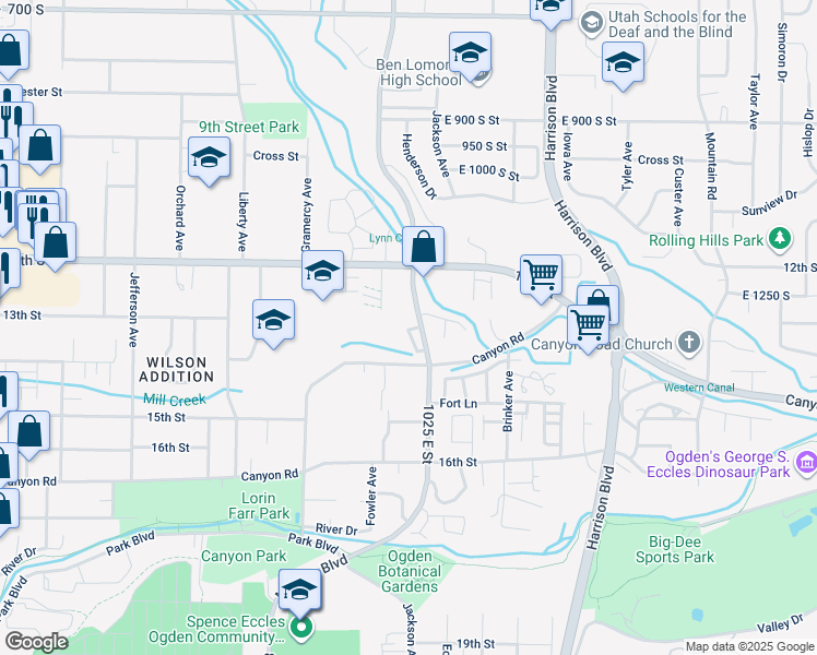 map of restaurants, bars, coffee shops, grocery stores, and more near 1305 Monroe Boulevard in Ogden