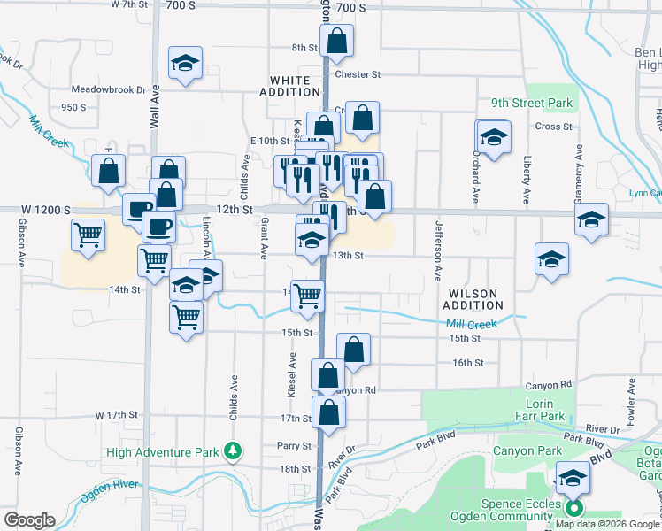 map of restaurants, bars, coffee shops, grocery stores, and more near 427 13th Street in Ogden