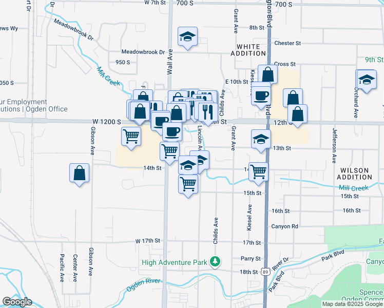map of restaurants, bars, coffee shops, grocery stores, and more near 1325 Lincoln Avenue in Ogden