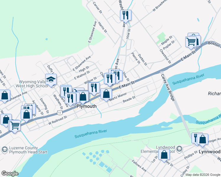 map of restaurants, bars, coffee shops, grocery stores, and more near 211a U.S. 11 in Plymouth