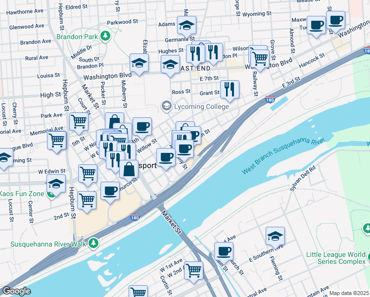 map of restaurants, bars, coffee shops, grocery stores, and more near 227-235 Basin Street in Williamsport