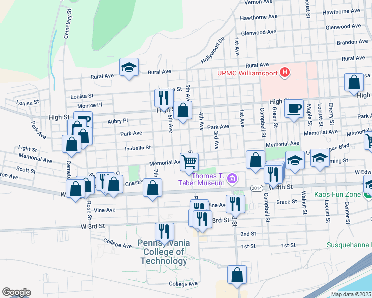 map of restaurants, bars, coffee shops, grocery stores, and more near 612-646 5th Avenue in Williamsport