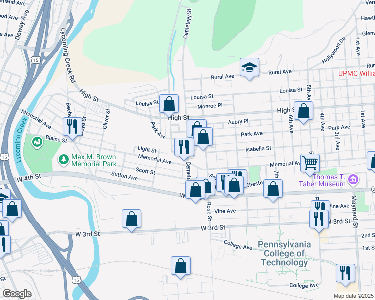 map of restaurants, bars, coffee shops, grocery stores, and more near 632 Cemetery Street in Williamsport