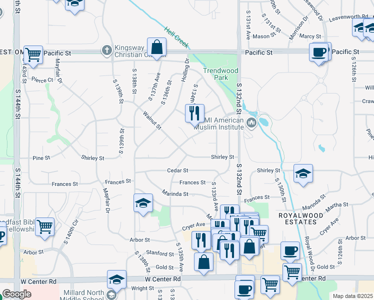 map of restaurants, bars, coffee shops, grocery stores, and more near 13525 Trendwood Drive in Omaha