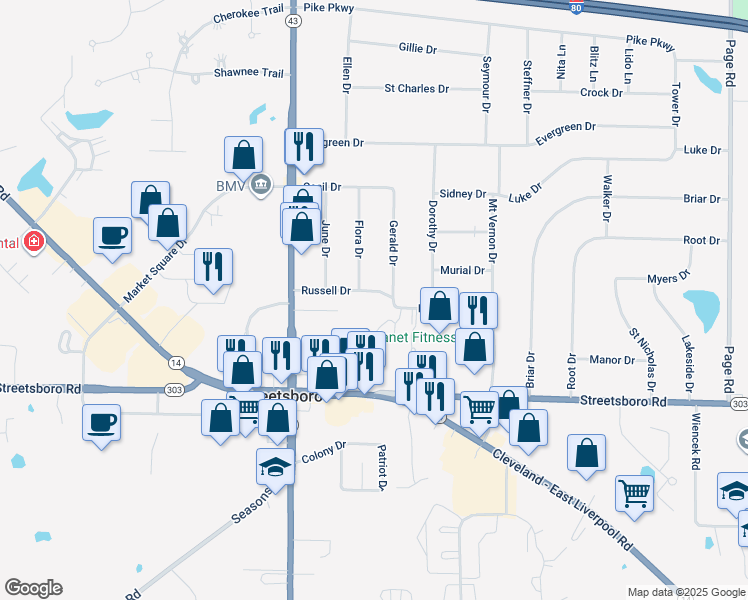 map of restaurants, bars, coffee shops, grocery stores, and more near 1448 Russell Dr in Streetsboro