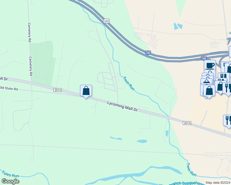 map of restaurants, bars, coffee shops, grocery stores, and more near 76 Odell Road in Muncy