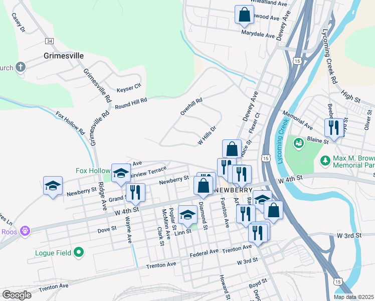 map of restaurants, bars, coffee shops, grocery stores, and more near W Hills Dr in Williamsport