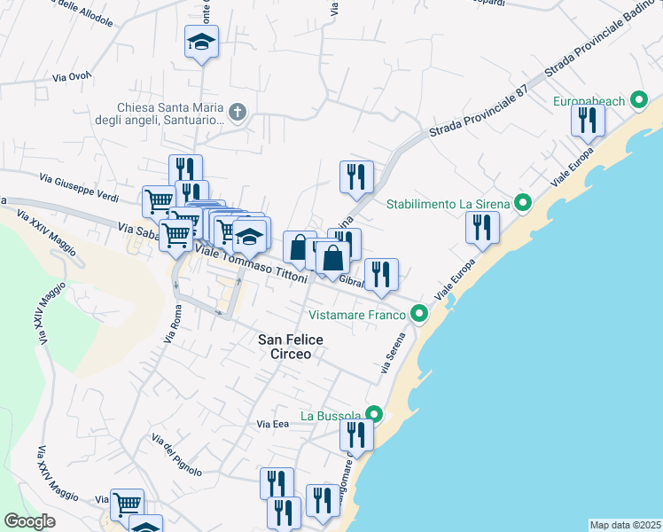 map of restaurants, bars, coffee shops, grocery stores, and more near 13 Via delle Sirene in San Felice Circeo