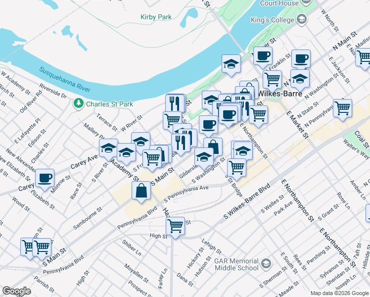 map of restaurants, bars, coffee shops, grocery stores, and more near 32 Barnum Place in Wilkes-Barre