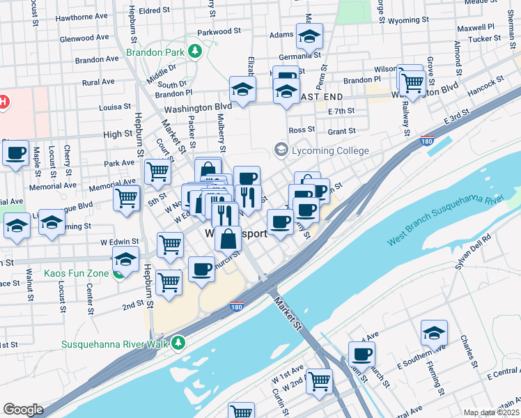 map of restaurants, bars, coffee shops, grocery stores, and more near 125 East 3rd Street in Williamsport