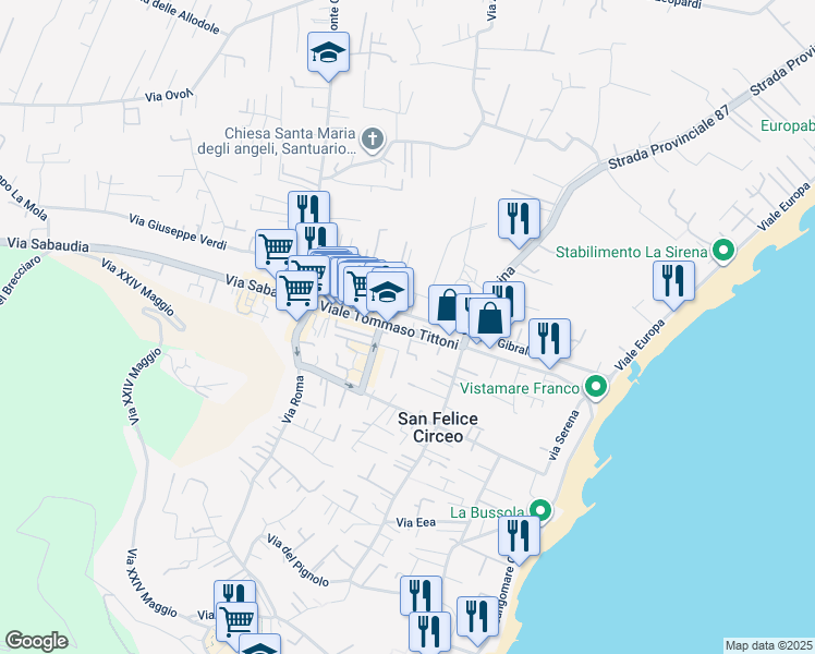 map of restaurants, bars, coffee shops, grocery stores, and more near 135 Viale Tommaso Tittoni in San Felice Circeo