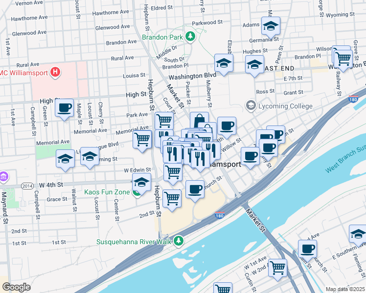 map of restaurants, bars, coffee shops, grocery stores, and more near Pine Street in Williamsport