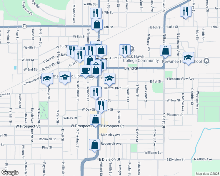 map of restaurants, bars, coffee shops, grocery stores, and more near 215 East Central Boulevard in Kewanee