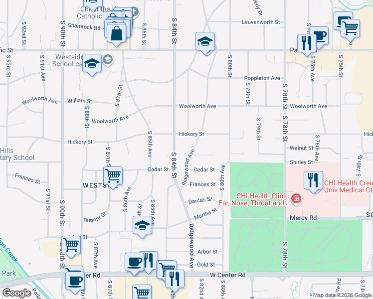 map of restaurants, bars, coffee shops, grocery stores, and more near 1718 Ridgewood Avenue in Omaha