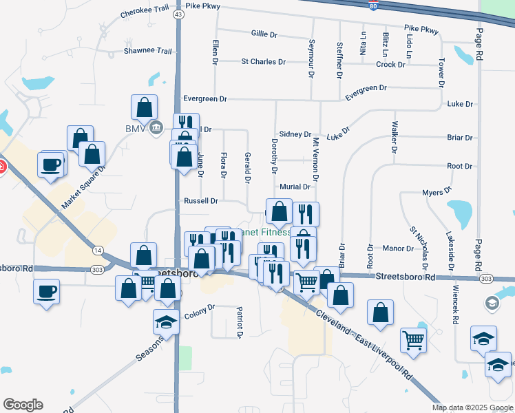 map of restaurants, bars, coffee shops, grocery stores, and more near 1488 Russell Drive in Streetsboro